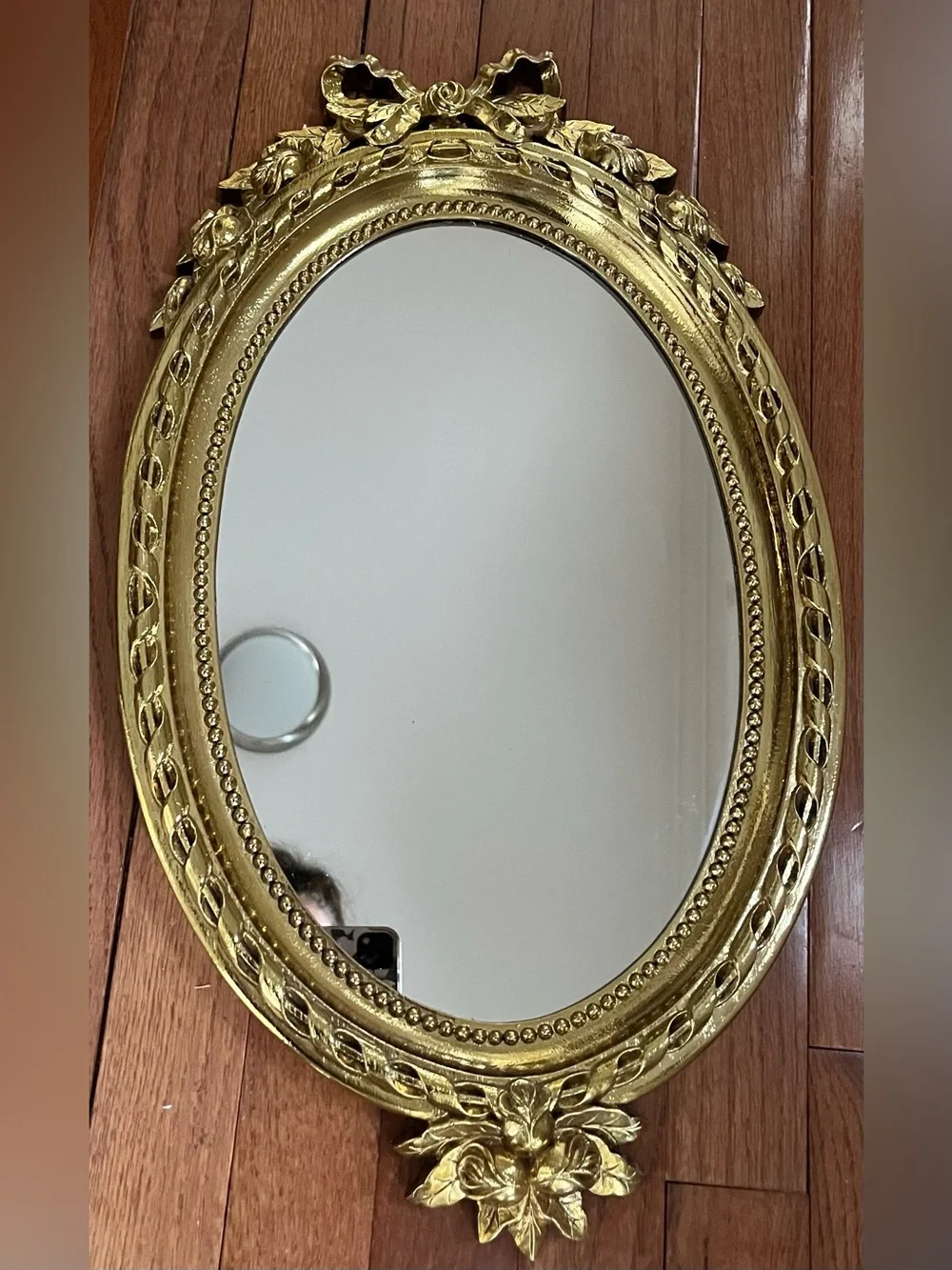 Home Interiors Gold Ornate Oval Wall Mirror with Floral Bow Accent